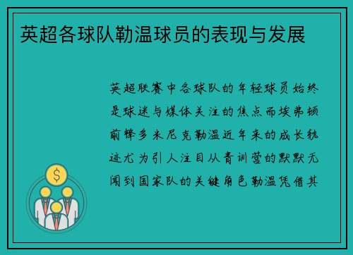 英超各球队勒温球员的表现与发展
